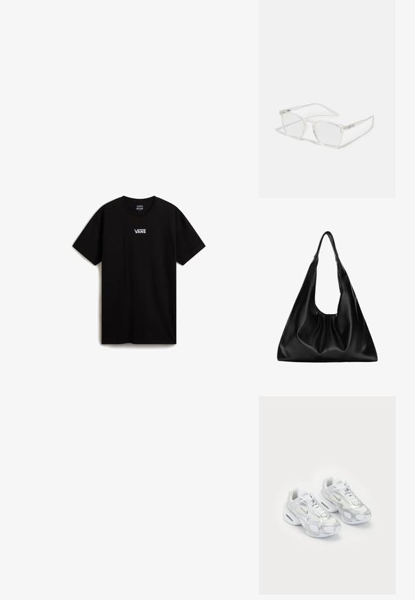 Černé bavlněné tričko s kulatým výstřihem a krátkými rukávy. Výrazné bílé logo na hrudi, s volným střihem a hladkou texturou.; Bílé sportovní boty s vrchní částí z materiálu síťoviny se stříbrnými akcenty, jedinečným tvarem a vzduchovým polstrováním v patě. Šněrovací design se značkou.; CHPO ZEBBE UNISEX - Brýle s filtrem modrého světla - transperent; Černá kožená hobo taška s měkkým, zakřiveným tvarem. Obsahuje široké horní ucho a na základně se shromažďuje, což vytváří uvolněnou texturu.