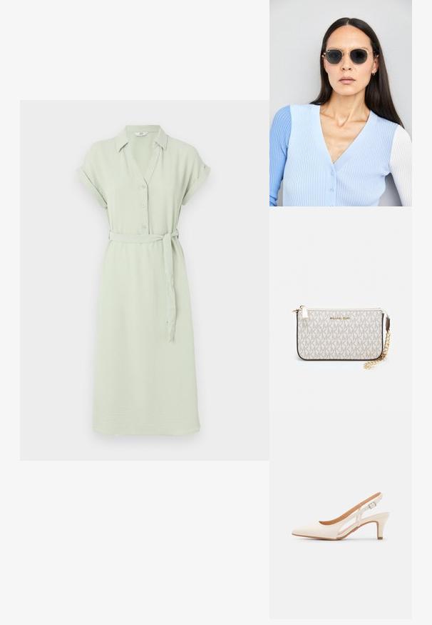 Rochie camilă verde deschis, cu mâneci scurte, închidere cu butoane, guler și curea asortată; realizată dintr-un material moale, texturat.; Sandaie cu toc alb, cu vârful ascuțit, material superior neted, toc mic tip bloc și design cu decupaj lateral, cu curea ajustabilă.; Ochelari de soare rotunzi cu lentile întunecate și rame aurii. Modelul poartă un cardigan ribbed de culoare albastru deschis cu nasturi și mâneci albe în contrast.; Clutch Michael Kors din canva acoperit bej, cu un model repetitiv al logo-ului MK, accesorii din aur și o curea cu lanț detașabil.