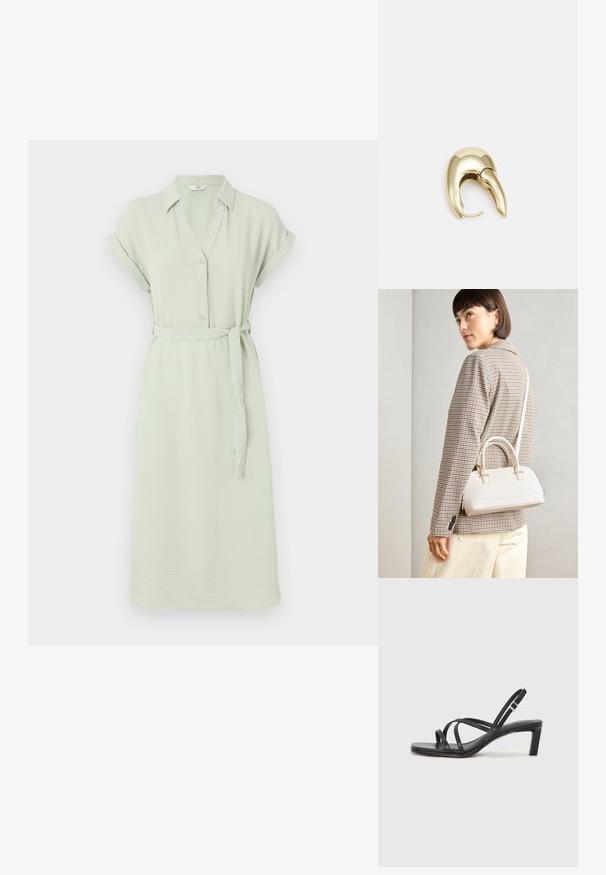 Svetlozelené šaty košeľového strihu s krátkymi rukávmi, predným zapínaním na gombíky, golierom a zodpovedajúcim opaskom; vyrobené z jemnej textúrnej tkaniny.; Čierne sandále na vysokom podpätku so štvorcovou špičkou a nízkym blokovým podpätkom. Obsahujú viacero tenkých popruhov a nastaviteľný členkový popruh. Vyrobené z hladkej kože.; Biela štruktúrovaná kabelka s krátkymi rúčkami a ramenným popruhom, s zlatými kovovými prvkami a textúrovaným materiálom, vystavená na šedom pozadí.; Náušnice z kovu v zlatej farbe s elegantným, zakriveným dizajnom. Majú charakteristický špicatý tvar, leštený povrch a uzáver na pánt.
