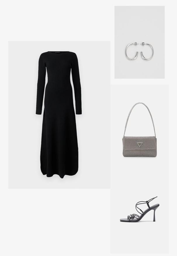 DRYKORN TEYANA - Vestido de malha - black; As sandálias de salto alto pretas apresentam tiras finas com um design em nó, uma biqueira quadrada lisa e um elegante salto agulha.; Bolsa metálica cinza claro com uma alça de corrente, adornada com pequenos rebites metálicos circulares e um logótipo triangular da marca.; Brincos de argola prateados com um acabamento suave e brilhante. Forma arredondada, design leve, com fecho de pino.