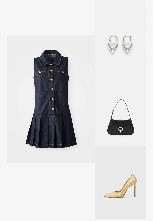 Denim obleka z ovratnikom, brez rokavov, z zlatim gumbom spredaj, dvema žepoma na prsih in nabranim krilom v temnoblu ameriškem blagu.; Zlati metalni čevlji s konico in visoko peto, prikazani s strani na enostavnem svetlem ozadju.; Črna usnjena torbica s ukrivljeno silhueto, kratkim ročajem, centralno zlatim okrasom in gladko teksturo. Brez vidnih vzorcev ali dodatkov.; Srebrni ključavnice v obliki srca z vgraviranima besedama "DA" in "NE", s poliranim zaključkom, simetričnim dizajnom in robustnim kovinskim nosilcem.