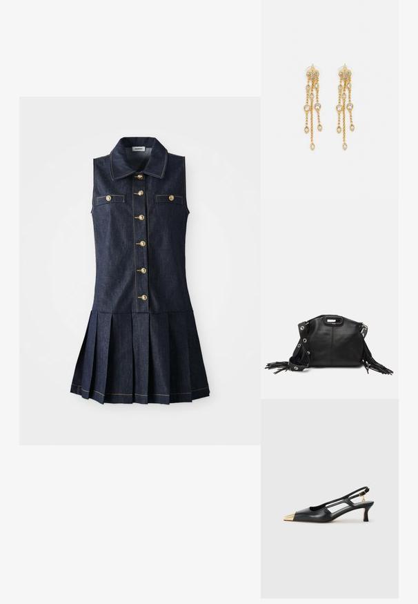 Vestido de mezclilla con cuello tipo polo, diseño sin mangas, cierre frontales con botones dorados, dos bolsillos en el pecho y falda plisada en tela de color azul oscuro.; Zapato de charol negro tipo slingback con punta afilada y punta metálica dorada. Presenta un diseño recortado y un tacón delgado con una correa ajustable.; Maje MISS MINI - Bandolera - noir; Pendientes en tono dorado con múltiples cadenas en cascada, que cuentan con acentos de strass ovalados claros y parte superior decorativa de tachuelas.