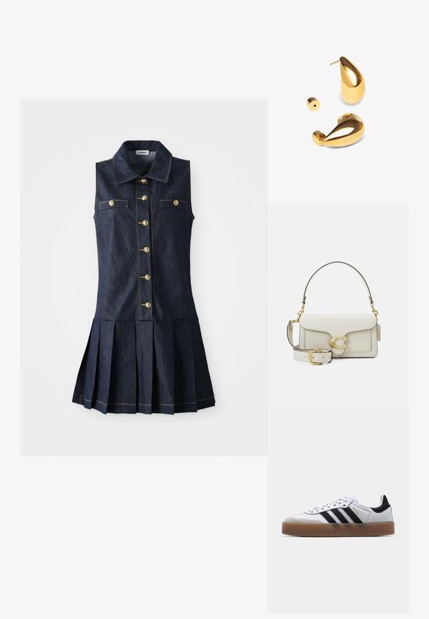 Denimkjole med krave, uden ærmer, guldknap-lukning foran, to brystlommer og plisseret skørt i mørkeblåt stof.; Hvide lædersneakers med sorte striber, gummirubber sål, rund tå, snørelukning og blød grå ruskinds tåhætte.; Hvid læderhåndtaske med gulddetaljer, der har en klaplukning og en aftagelig, justerbar rem. Rundet metalaccent i midten.; Singularu DROP - Øreringe - gold-coloured