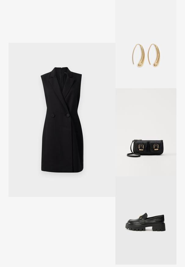 Juodas be rankovių švarko suknelė su pritaikyta siluetu, dvigubu mygtukų uždarymu ir glotnia tekstūra. Yra užtrauktukas gale, kad būtų patogiau apsivilkti.; Juodi odiniai loafers batai su masyviu padu, papuošti auksiniu akcentu priekyje ir lygiu paviršiumi. Masyvi protektoriaus dizaino išvaizda padais.; Juodas odinis per petį nešiojamas krepšys su dviem priekiniais kišenėmis, auksiniais sagtimis, užtrauktuko uždarymu ir siauromis petnešomis. Textūruota paviršius ir kompaktiškas stačiakampis formatas.; Auksinės metalinės auskarų kabės su lenktą, pailgą forma. Turi lygų, blizgantį paviršių ir užapvalintą galiuką papildomam akcentui.