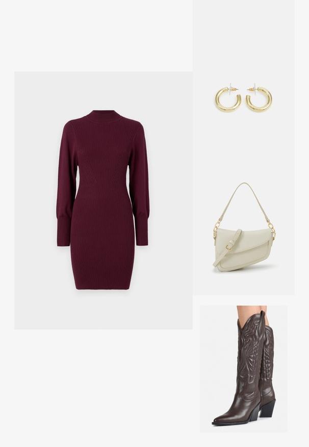 Burgundy bordázott kötött ruha, testszorító fazonnal, magas nyakkal és puffos hosszú ujjal. Vertikális textúrával és testhez simuló siluettel rendelkezik.; Barna bőr cowboy csizmák hegyes orral és blokk sarkal, részletes varrással és kiemelkedő díszítésekkel a szárán.; Kis krémszínű táska texturált felülettel, hosszú, állítható pánttal, láncos díszítéssel és fedéllel záródik. Aranyszínű fém részletek.; Arany fülbevalók sima, fényes felülettel. Kör alakú dizájn, amely kis kapoccsal és átlátszó tartozékkal rendelkezik a biztonságos viselés érdekében.