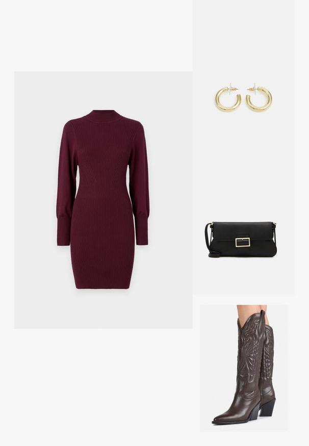 Burgundy bordázott kötött ruha, testszorító fazonnal, magas nyakkal és puffos hosszú ujjal. Vertikális textúrával és testhez simuló siluettel rendelkezik.; Barna bőr cowboy csizmák hegyes orral és blokk sarkal, részletes varrással és kiemelkedő díszítésekkel a szárán.; Fekete bőr kézitáska hajtóka részlettel és aranyszínű fém csattal. Tartalmaz egy fekete pántot és egy letisztult, minimális dizájnt.; Arany fülbevalók sima, fényes felülettel. Kör alakú dizájn, amely kis kapoccsal és átlátszó tartozékkal rendelkezik a biztonságos viselés érdekében.