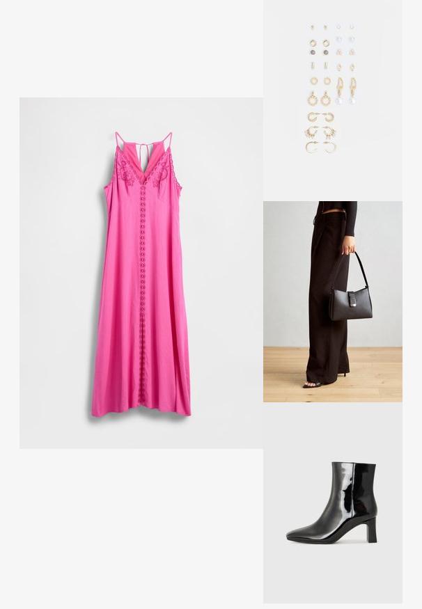 Růžové šaty bez rukávů s výstřihem do V, zdobené květinovou výšivkou a středovým řádkem oček. Hladká látka, dlouhá, splývavá silueta.; Černé lakované kotníkové boty s špičatou špičkou a středně vysokým blokovým podpatkem. Hladká textura a minimalistický design.; Černá kabelka se strukturovaným tvarem, hladkým povrchem a kovovým uzávěrem. Kombinována s širokými černými kalhotami a sandály s otevřenou špičkou na dřevěné podlaze.; Sada náušnic ve zlatém tónu s různými designy, včetně pecek, kruhů a visacích kousků s perlami a rhinestony.