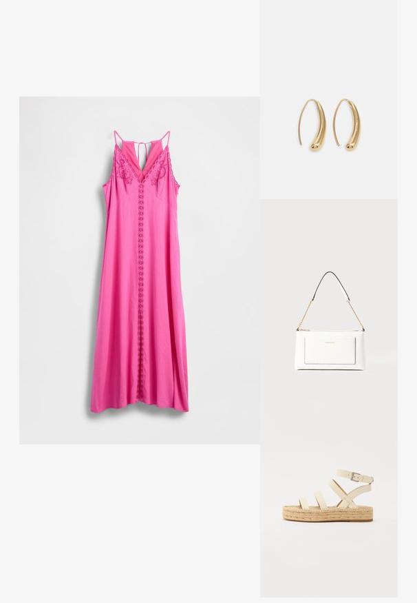 Rózsaszín ujjatlan ruha V-nyakkivágással, virágos hímzéssel és középen végigfutó huroksorral. Sima anyagból, hosszú, áramló sziluett.; Világos bézs bőr espadrille szandál négy keresztpánttal és bokapántos csattal, fonott juta platform talppal és lapos gumi talppal.; Fehér bőr kézitáska, texturált felülettel, arany lánccal és fekete részletekkel. Elülső zsebbel és cipzáros zárással rendelkezik.; Aranyszínű fémből készült karika fülbevalók ívelt, hosszúkás formával. Simaságával és fényes felületével, valamint lekerekített végével további részletekkel bővül.