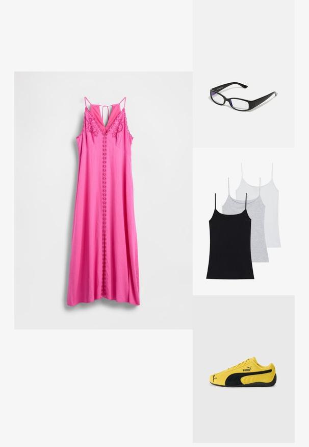 Ružové šaty bez rukávov s výstrihom do V, zdobené kvetinovou výšivkou a centrálnym radom slučiek. Hladká látka, dlhý, plynulý strih.; Tričko bez rukávov: jedno čierne, jedno šedé a jedno biele. Vyrobené z mäkkého, elastického materiálu s nastaviteľnými ramienkami.; Žlté semišové tenisky s čiernymi semišovými akcentami. Majú textúrovanú podrážku, dizajn na šnurovanie a logo Puma na boku a jazyku.; Čierne obdĺžnikové okuliare s priehľadnými šošovkami. Lesklý povrch, úzke ramená a fialový nádych viditeľný na okrajoch šošoviek.; Tmavomodrá džínová taška s guľatým tvarom, viacerými vonkajšími vreckami, nastaviteľným popruhom a striebornými hardvérovými detailmi. Zahrnutá je aj horná rúčka.