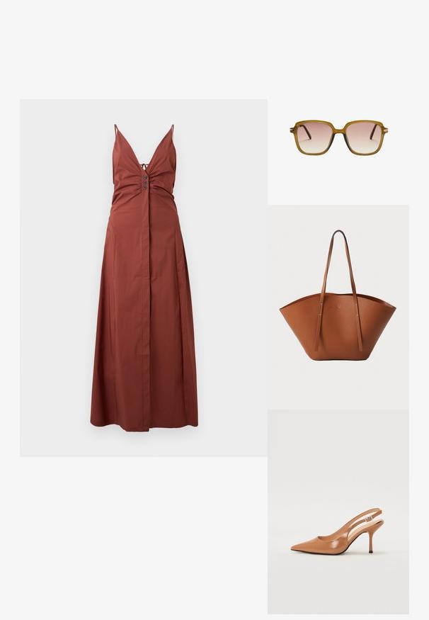 Maksi haljina u rust boji s dubokim V-izrezom, podesivim trakama za ramena, nabrano tijelo i gumbe kao ukras sprijeda. Glatka tkanina.; Sandal s petom u obliku šiljastog prsta od glatkog, sjajnog smeškastog materijala. Ima zakrivljeni izrez i vitku štiklu. Detalj s srebrnom kopčom.; Kvadratne naočale s prozirnim okvirom svijetlosmeđe boje, gradijentnim roza lećama i tamnosmešnim ručkama. Minimalistički dizajn s suptilnim detaljima od hardvera.; Smeđa kožna torba za nošenje s širokim, strukturiranim oblikom, tankim ručkama i teksturiranom površinom. Ima minimalistički dizajn bez vidljivih dijelova metalne opreme.