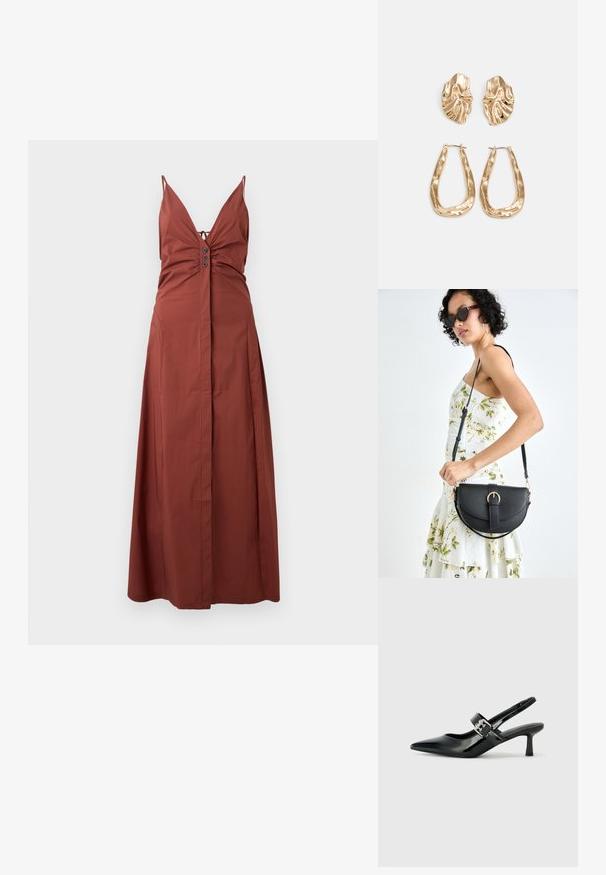 Robe maxi couleur rouille avec un décolleté en V profond, des bretelles spaghetti ajustables, un corsage froncé et des accents de boutons à l'avant. Tissu lisse.; Escarpins slingback en cuir verni noir avec un bout pointu et un petit talon bloc, mettant en avant un accent en boucle argentée sur la sangle.; Sac à main en cuir noir avec une forme courbée, bandoulière amovible et des accessoires en or. Le sac est doté d'un rabat avec un détail de boucle.; Boucles d'oreilles dorées présentant des formes texturées et ondulées. Comprend des clips sculpturaux et un design de créoles ouvertes avec une finition martelée.