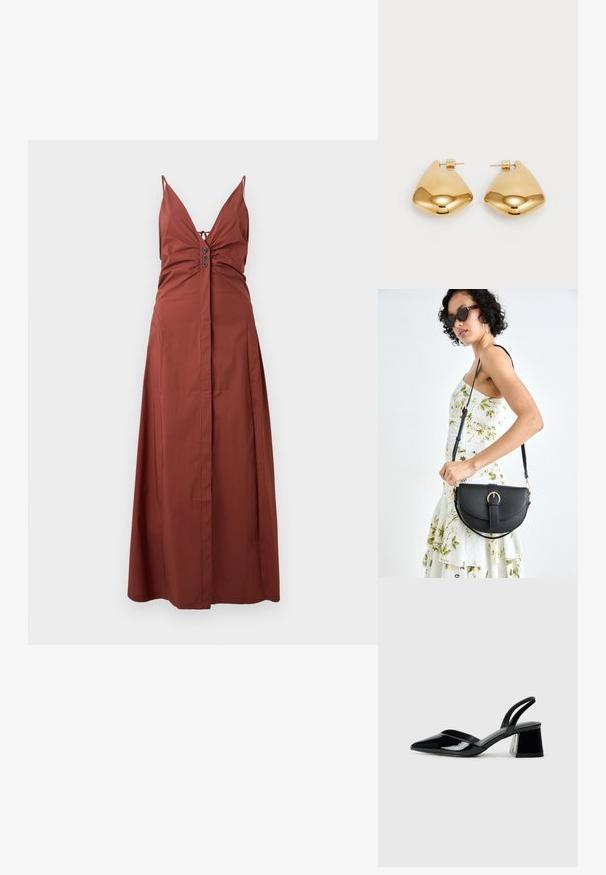 Vestido maxi de color óxido con un escote en V profundo, tirantes ajustables, un cuerpo fruncido y acentos de botones en la parte delantera. Tela suave.; Zapatos de tacón slingback de charol negro con punta afilada y tacón geométrico en bloque. Presentan un diseño elegante y minimalista, así como una textura suave.; Bolso de piel negra con forma curva, correa desmontable y herrajes dorados. El bolso cuenta con una solapa con un detalle de hebilla.; Pendientes de metal en tono dorado con forma triangular suave y redondeada, y diseño de cierre a presión; superficie reflectante con un detalle mínimo.