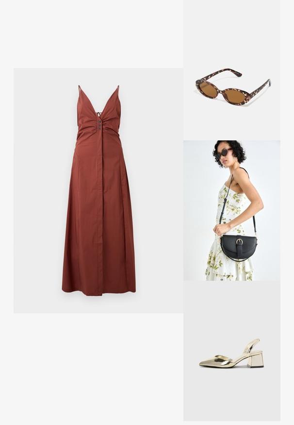 Robe maxi couleur rouille avec un décolleté en V profond, des bretelles spaghetti ajustables, un corsage froncé et des accents de boutons à l'avant. Tissu lisse.; Talons aiguilles dorés métalliques avec un bout pointu et un talon épais. Texture lisse, design minimaliste et une fine bride.; Lunettes de soleil en écaille de tortue avec des verres ovales, teintés de marron, branches fines avec un motif texturé, monture en plastique légère.; Sac à main en cuir noir avec une forme courbée, bandoulière amovible et des accessoires en or. Le sac est doté d'un rabat avec un détail de boucle.
