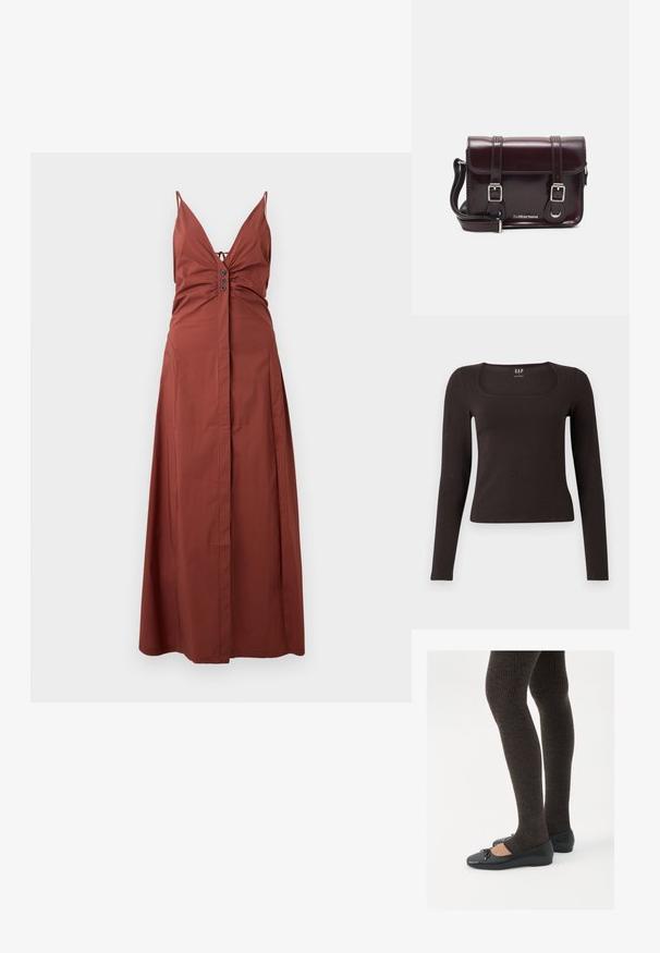 Rochie maxi de culoare ruginită, cu decolteu adânc în V, bretele subțiri ajustabile, bust plisat și detalii cu nasturi în față. Material neted.; Top negru cu mânecă lungă, aderent, cu decolteu pătrat, etichetat GAP, expus pe un fundal alb.; Pantofi negri cu un detaliu mic de fundiță la vârf, asortați cu colanți maro închis, cu textură ondulată. Pantofii au o textură netedă și un profil joase.; Geantă crossbody din piele lac burgundă, cu formă rectangulară, două curele, accesorii din argint și închidere cu clapetă.