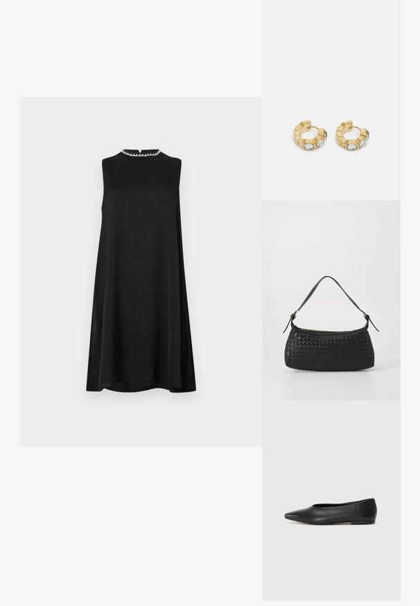 Vestido preto sem mangas com um decote alto, apresentando um leve acabamento decorativo. Silhueta solta, textura suave e bainha a nível do joelho.; Bailarina de couro preto, bico fino, design minimalista, textura suave, salto baixo, sem hardware ou embelezamentos visíveis.; Bolsa de ombro preta entrelaçada com alça de couro lisa e fecho com zíper. Apresenta uma superfície texturizada e forma curvada.; Brincos de argola dourados com um design texturizado e três cristais transparentes em um lado, oferecendo uma estética geométrica moderna.