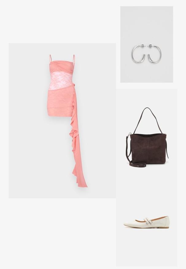 Rožinė kokteilių suknelė su prigludusia liemenėle, raukšlėmis, nėrinių akcentais, plonais petnešomis ir drapiruotu volanu vienoje pusėje.; Balti laki odiniai butai su smailiu pirštu, dviem dekoratyvinėmis dirželiais su sidabro sagtimis ir subtiliu rudos spalvos padu.; Ruda suede audinė su minkšta tekstūra, turinti vieną petį ir subtilų kreivinį viršutinį atidarymą. Matomų metalinių detalių nėra.; Sidabrinės auskarai žiedai su lygiu, blizgiu paviršiumi. Suapvalinta forma, lengvas dizainas, su uždarymu ant smeigtuko.