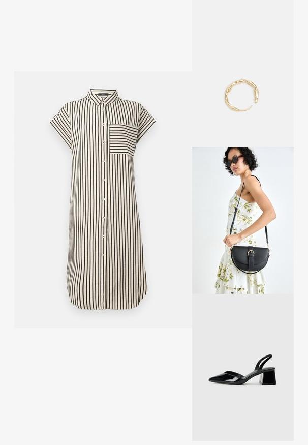 Kraegriga pluus-kleit lühikeste varrukatega, mustade ja valgete vertikaalsete triipudega, täispikkusega nööbid, ning rinna tasku. Pehme kangastekstuuri.; Mustad musta lakknahk kingad, millel on terav varvas ja geomeetriline plokkkonts. Omab elegantselt minimalistlikku disaini ja sujuvat tekstuuri.; Mustmust mustraha kõverate joontega, eemaldatava rihmaga ja kuldsete detailidega. Kotil on klapp, millel on pandladetail.; Kuldtoonis sõrmus, millel on orgaaniline, keerdunud disain sileda tekstuuri ja kitsenevate otstega, luues kaasaegse skulptuurilise välimuse.