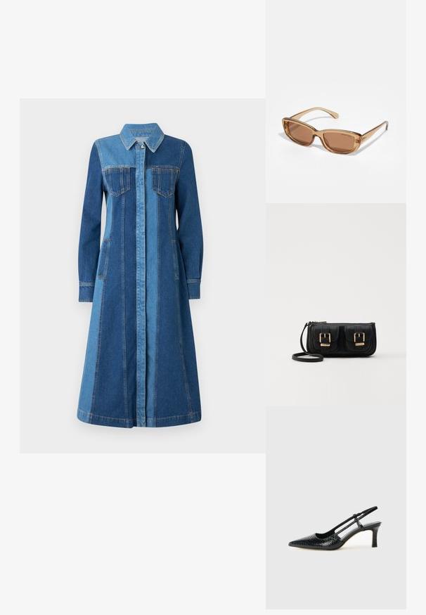 Vestido em denim com gola, mangas longas, dois bolsos frontais e um design azul em dois tons com costuras verticais. Fecho frontal ajustável com botões.; Salto slingback em patente preta com bico apontado, apresentando um padrão de pele de cobra texturizado, tira ajustável e um salto bloco curto e texturizado.; Óculos de sol castanhos com lentes rectangulares, armação de plástico castanho transparente e detalhes de logo subtis nas laterais.; Bolsa de ombro em couro preto com dois bolsos frontais, fivelas douradas, fecho de zíper e uma alça fina. Superfície texturizada e forma retangular compacta.