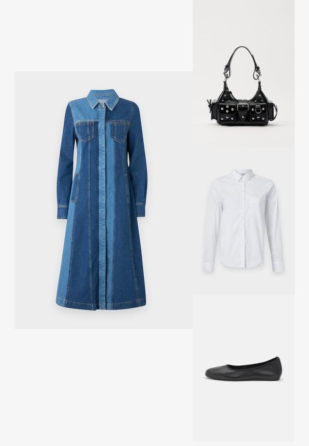 Φόρεμα τζιν με κολάρο, μακρύ μανίκι, δύο μπροστινές τσέπες και διχρωμία σε μπλε απόχρωση με κατακόρυφες ραφές. Ρυθμιζόμενο κλείσιμο με κουμπιά.; Λευκό πουκάμισο με μακριά μανίκια, κατασκευασμένο από βαμβάκι. Διαθέτει κουμπωτή μπροστά, κολάρο με尖 και τσέπη στο αριστερό μέρος του στήθους.; Μαύρο δερμάτινο μπαλαρίνι με στρογγυλή μύτη, λεία υφή, ελάχιστες λεπτομέρειες ραφής και σχεδίαση ευέλικτης σόλας.; Μαύρη δερμάτινη τσάντα χειρός με καμπύλο σχεδιασμό, που διαθέτει ασημένιους στρόφους, κούμπωμα και δύο πλευρικές τσέπες. Ρυθμιζόμενος ιμάντας για επιλογές μεταφοράς.