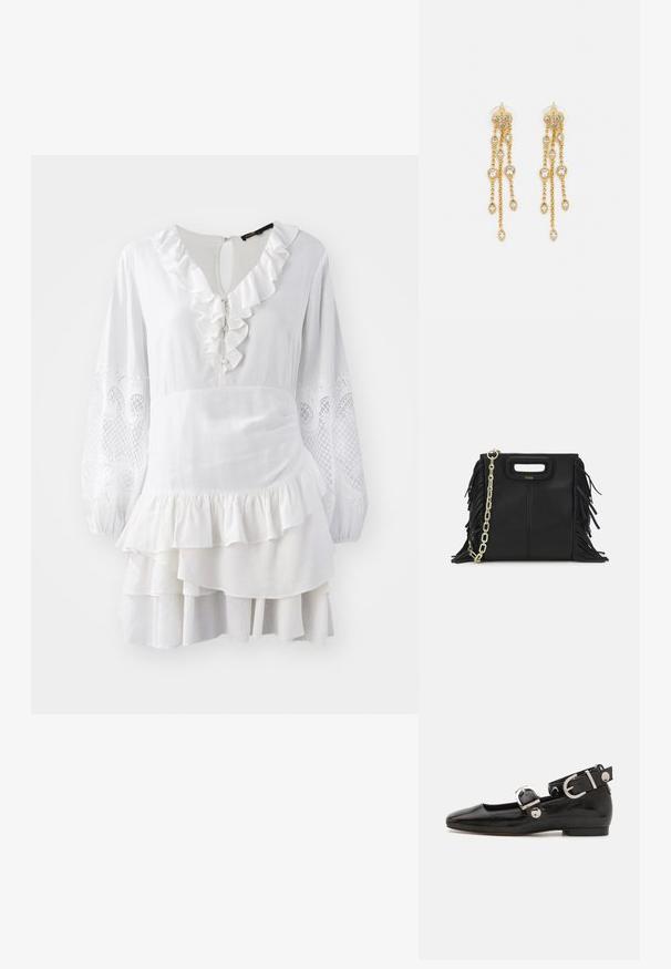 Weißes Kleid mit Rüschenbesatz, langen Ballonärmel mit bestickten Akzenten und geschichtetem Saum. Hergestellt aus leichtem Stoff.; Schwarze Lackleder-Ballerina mit eckiger Zehenpartie, Knöchelriemen mit silberner Hardware und flacher Sohle. Glatte Textur mit minimalistischen Design.; Schwarze Lederhandtasche mit Fransen-Details, goldener Ketten-Schulterriemen und einem ausgeschnittenen Griff. Mit Logoplatzierung auf der Vorderseite.; Goldtonige Ohrringe mit mehreren kaskadierenden Ketten, verziert mit klaren ovalen Strasssteinen und dekorativen Ohrsteckern.
