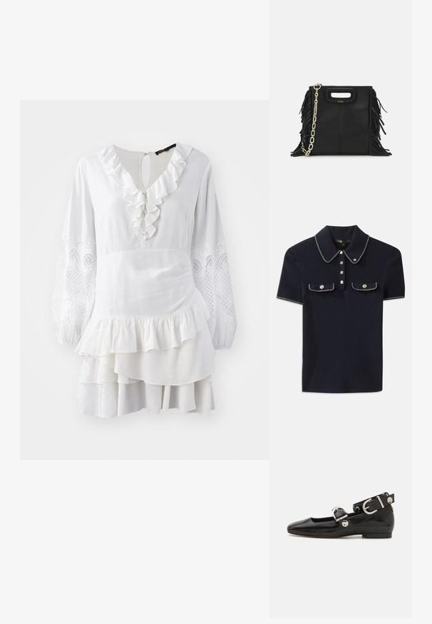 Rochie albă cu dantelă ondulată, mâneci lungi tip balon cu accente brodate și tiv în straturi. Fabricată dintr-un material ușor.; Polo shirt bleumarin cu țesătură rașchetată, având guler ascuțit, mâneci scurte și două buzunare frontale cu butoane tip snap; evidențiat prin accente de cusătură albă.; Pantofii plano din piele patent neagră, cu vârful pătrat, curea de gleznă cu accesorii din argint și talpă plată. Textură netedă cu un design minimalist.; Geantă de mână din piele neagră cu detalii din franjuri, curea de umăr din lanț auriu și un mâner cu tăietură. Prezintă plasarea logo-ului pe față.