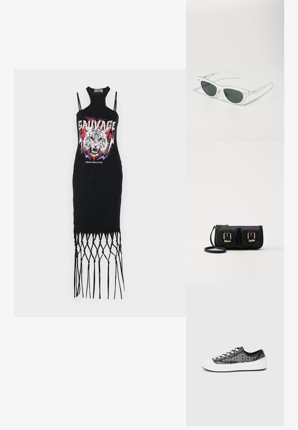 Juodas be rankovių suknelė su aukštu kaklu, kuriame pavaizduota tigro grafika, ryškios spalvos ir kutais apdailinta apačia su pintomis detalėmis.; Juodos ir pilkos raštuotos sportbačiai su balta gumine pirštų dangteliu, turintys raištelių dizainą ir tekstūruotus juodus akcentus šonuose.; Baltos katės akies akiniai su tamsiais akiniais, auksiniais akcentais ant rėmo ir logotipo detalėmis šone. Lygus plastikinis paviršius.; Baltos katės akies akiniai su tamsiais akiniais, auksiniais akcentais ant rėmo ir logotipo detalėmis šone. Lygus plastikinis paviršius.; Juodas odinis per petį nešiojamas krepšys su dviem priekiniais kišenėmis, auksiniais sagtimis, užtrauktuko uždarymu ir siauromis petnešomis. Textūruota paviršius ir kompaktiškas stačiakampis formatas.
