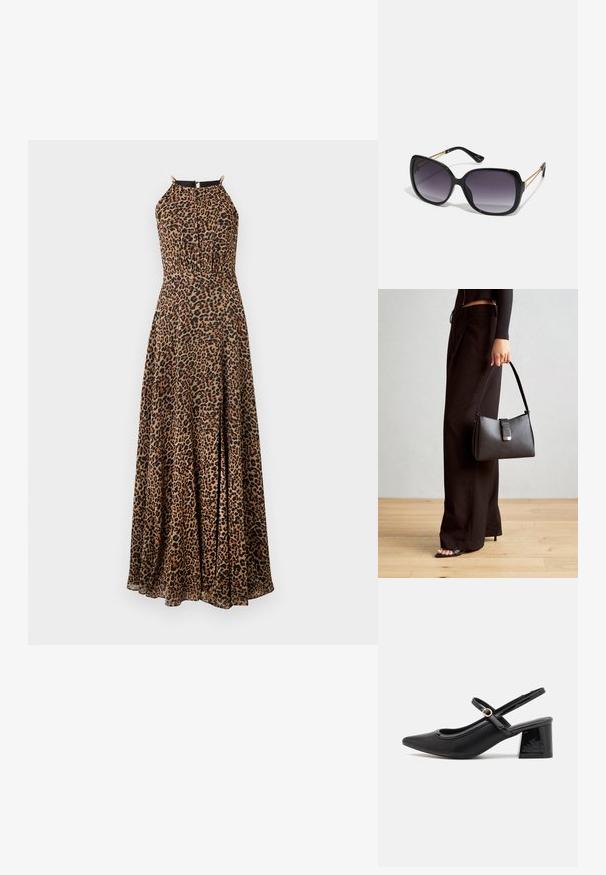 Maxi sukienka w lationem w cętki, z dopasowaną górą, na szyi wiązaną oraz złotymi akcentami. Wykonana z gładkiego, zwiewnego materiału z rozcięciem.; Czarne lakierowane czółenka na słupku ze spiczastym noskiem, lekko zaokrąglonym wycięciem i obcasem w kształcie bloku. Posiadają złotą klamrę jako akcent dekoracyjny.; Czarne oversize okulary przeciwsłoneczne z gradientowymi soczewkami, grubymi oprawkami i złotym łańcuszkiem na ramionach.; Czarna torebka o usztywnionym kształcie, gładkiej fakturze i metalowym zapięciem. Połączona z szerokimi czarnymi spodniami i sandałami na otwartym palcu na drewnianej podłodze.