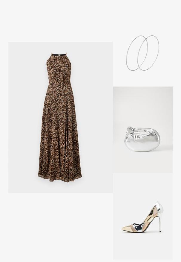 Maxi sukienka w lationem w cętki, z dopasowaną górą, na szyi wiązaną oraz złotymi akcentami. Wykonana z gładkiego, zwiewnego materiału z rozcięciem.; Czółenka na wysokim obcasie z wąskim noskiem w kolorze srebrnym, złotym i nude. Lśniące wykończenie z wycięciami, z obcasem w stylu stiletto.; Srebrna metaliczna torba worek o miękkim, zaokrąglonym kształcie i zawiązywanym z góry zapięciem. Wykonana z gładkiego materiału imitującego skórę.; Srebrne kolczyki w formie obręczy o minimalistycznym designie. Okrągły kształt, gładka faktura i cienki profil. Lekkie, z polerowanym wykończeniem.