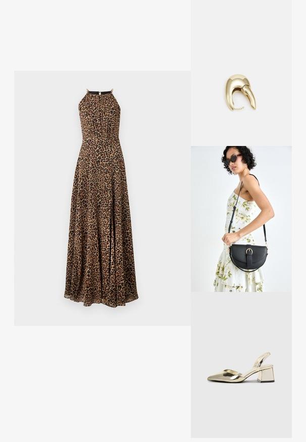 Leopárd mintás maxi ruha, testhez simuló felső résszel, nyakpántos kivágással és arany részletekkel. Kellemes, folyékony anyagból készült, oldalsó sliccel.; Arany, fémből készült slingback sarkú cipők hegyes orral és vastag sarokkal. Simaság, minimalista design és keskeny pánt jellemzi.; Fekete bőrtáska ívelt formával, levehető pánttal és arany színű fémrészekkel. A táskán egy csattal díszített fedél található.; Aranyszínű fém fülbevaló, elegáns, ívelt formával. Különleges hegyes alak, fényes felszín és zsanéros záródás jellemzi.