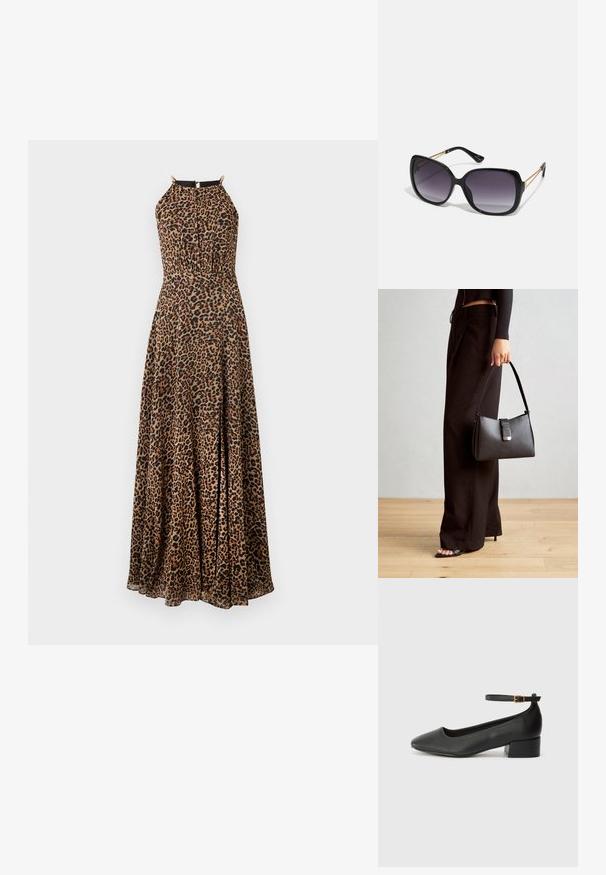 Leopardų rašto maksime su prigludusia liemens dalimi, halter tipo kaklo ir auksiniais akcentais. Pagaminta iš sklandžios, plazdėjančios medžiagos su plyšiu.; Juodas odinis aukštakulnis batelis su smailiu pirštu ir žemu bloku. Su kulkšnies dirželiu su auksinės spalvos sagtimi. Lygus paviršius.; Juodos didelės saulės akinių su pereinamais objektyvais, storomis rėmeliais ir auksinės spalvos grandinėmis ant šventyklų.; Juodas rankinė struktūrizuota forma, lygi tekstūra ir metalinis užsegimas. Suporuota su plačiomis juodomis kelnėmis ir atvirais bateliais ant medinių grindų.