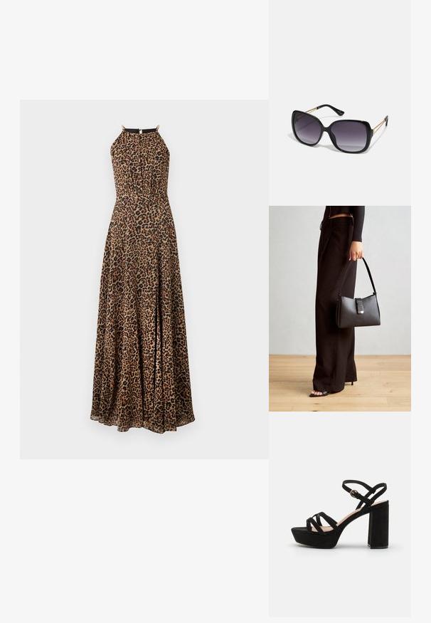 Rochie maxi cu imprimeu leopard, cu un corset ajustat, guler halter și accente aurii. Confecționată dintr-un material neted și fluid, cu o fanta.; Sandale platform din suede negru cu tocul bloc, având curele încrucișate și o curea cu cataramă la gleznă pentru un fit sigur.; Ochelari de soare negri, supradimensionați, cu lentile degradate, rame groase și detalii cu lanț de ton auriu pe brațele templului.; Genți negre cu o formă structurată, textură netedă și un închizător metalic. Asortată cu pantaloni negri largi și sandale cu vârf deschis pe un podea din lemn.