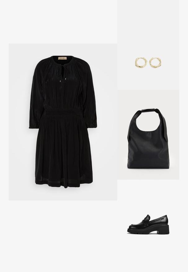 Melna kleita, kas izgatavota no mīksta auduma, ar apaļu kakla izgriezumu, saites aizdari, garām piedurknēm un plisētu svārku. Iespējams, ka tai ir elastīga vidukļa josla.; Melnas ādas chunky papēža loafers ar biezu zoli un siksniņas detaļu pāri augšai, attēlots no sāna uz baltas fona.; Melna ādas hobo soma ar vienu mīkstu, noapaļotu rokturi; tai ir gluda virsma un minimālistisks dizains. Nav redzamu metāla detaļu vai akcentu.; Zelta riņķveida auskari ar tekstūru un neregulāru formu. Iekļauj bezšuvju aizdari un pulētu virsmas apdari, uzsverot mūsdienīgu dizainu.