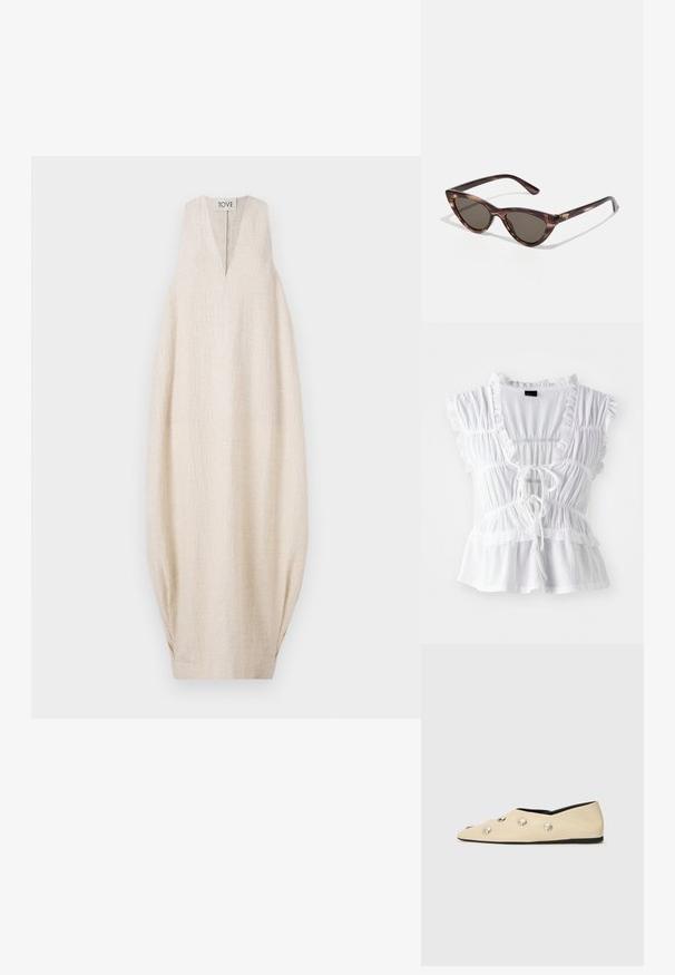 Šviesiai smėlio spalvos be rankovių su v-formos iškirpte, tekstūruotas audinys, per didelis siluetas, su susiraukšlėjimu šonuose. Viršuje esanti prekės ženklų etiketė.; Balta palaidinė su raukšlėtomis trumpomis rankovėmis, tekstūruota medžiaga, giliu V formos kaklu su raišteliu priekyje ir daugiasluoksnėmis apykaklėmis apatinėje dalyje.; CLOSED Balerinos stiliaus laivutės - ecru; Katės akies saulės akiniai su tamsiais objektyvais ir vėžlio kiauto raštu. Pagaminti iš lengvo plastiko, turi plonas šakeles ir logotipą.; Austinto audimo maišas, pagamintas iš alyvuogių žalios audinio, su erdvia, suapvalinta forma ir viena, ilgalaikė rankena nešimui. Tekstūruotas paviršius.