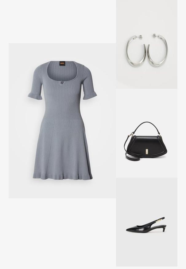 Rövid ujjú, bordázott ruha világosszürke színben, négyzet alakú nyakkivágással és fáklyás szegéllyel, illeszkedő top résszel és textúrált anyaggal.; Fekete bőr slingback magassarkúk, hegyes orral, vékony sarkakkal és arany színű részlettel a állítható pánton. Simа felület.; Fekete bőr kézitáska, strukturált dizájnnal, rövidített formával, felső fogantyúval és arany színű kiegészítőkkel. Állítható vállpánt is tartozik hozzá.; Ezüst karika fülbevalók sima, ívelt formával. Fényes fémes felülettel és tűs zárral rendelkeznek. Nincsenek látható minták vagy kiegészítők.