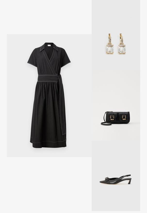 Vestito avvolgente nero con maniche corte, colletto e una cintura larga in vita. Presenta cuciture bianche a contrasto e una gonna arricciata.; Scarpa slingback in pelle nera con punta affusolata, tacco basso e dettaglio decorativo a fibbia sulla parte superiore. Texture liscia, design minimalista.; Borsa a tracolla nera in pelle con due tasche frontali, fibbie dorate, chiusura con zip e una tracolla sottile. Superficie texturizzata e forma rettangolare compatta.; Orecchini in tonalità dorata con un cristallo trasparente rettangolare sospeso sotto una fila di piccoli accenti trasparenti rotondi. Design elegante e moderno.