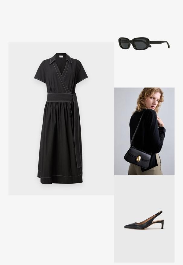 Vestito avvolgente nero con maniche corte, colletto e una cintura larga in vita. Presenta cuciture bianche a contrasto e una gonna arricciata.; Pump slingback in pelle nera con punta appuntita, tacco basso e texture liscia. Presenta una sottile cinghia regolabile per una vestibilità sicura.; Occhiali da sole rettangolari neri con una montatura spessa, lenti scure e un design elegante. Le aste hanno una finitura liscia.; Borsa a tracolla nera in pelle con forma curva, dotata di una chiusura ovale dorata prominente, tracolla regolabile e design minimalista.