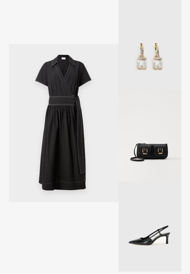 Černé wrap šaty s krátkými rukávy, límečkem a širokým páskem v pase. Obsahují kontrastní bílý šev a nabíranou sukni.; Černé lakované slingback podpatky s špičatou špičkou, zdobené texturovaným hadím vzorem, nastavovacím páskem a krátkým texturovaným blokovým podpatkem.; Černá kožená crossbody taška se dvěma předními kapsami, zlatými přezkami, zipovým uzávěrem a štíhlým popruhem. Texturovaný povrch a kompaktní obdélníkový tvar.; Náušnice ve zlatém odstínu s obdélníkovým, průhledným krystalem zavěšeným pod řadou malých, kulatých průhledných akcentů. Elegantní, moderní design.