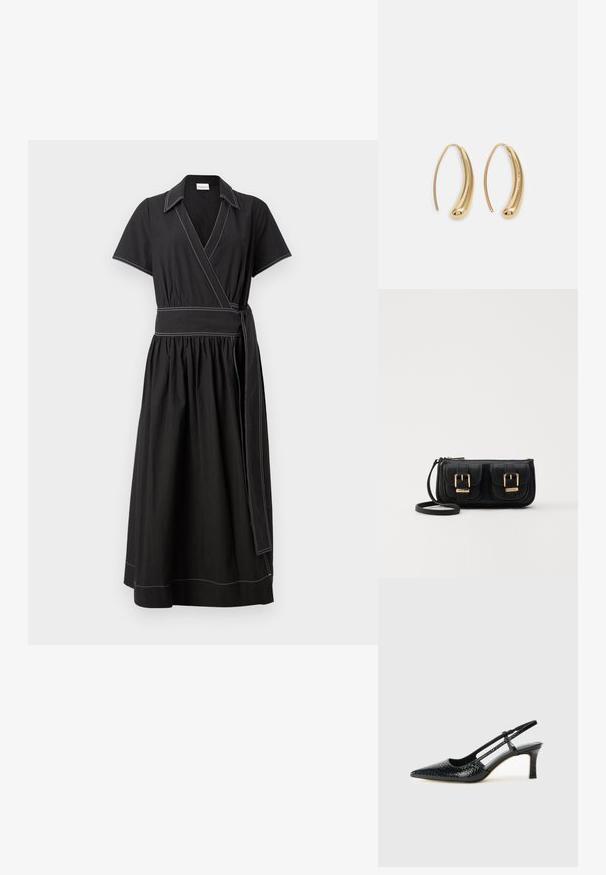 Rochie neagră înfășurată, cu mâneci scurte, guler și o curea lată la talie. Prezintă cusături albe contrastante și o fustă plisată.; Pantofi cu toc slingback negri din patent, cu vârf ascuțit, cu imprimeu de șarpe texturat, curea ajustabilă și toc scurt texturat.; Geantă neagră din piele, tip crossbody, cu două buzunare frontale, catarame aurii, închidere cu fermoar și o curea subțire. Suprafață texturată și formă rectangulară compactă.; Cercei din metal auriu, cu un design curbat și alungit. Au o suprafață netedă și strălucitoare, cu un vârf rotunjit pentru un detaliu suplimentar.