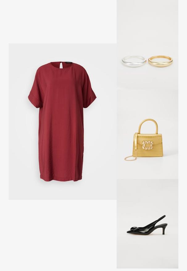 Sarkans, līdz ceļiem garš kleita ar īsām piedurknēm, apaļu kakla izgriezumu un mazu atveri aizmugurē. Izgatavota no gludas, vieglas auduma.; Melnas lakotas ādas slingback kurpes ar smailu purngalu, mazu papēdi un izteiksmīgu loku akcentu uz vampa. Gluda tekstūra un elegants dizains.; Dzeltena mākslīgā krokodila roku soma ar strukturētu dizainu, augšējo rokturi, noņemamu ķēdes siksniņu un dekoratīvām kristāla rotājumiem aizdares daļā.; Zign 2 PACK - Rokassprādze - gold-coloured/silver-coloured