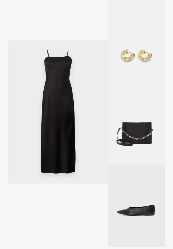 Vestido longo de seda preta com alças finas, apresentando um corpete ajustado, silhueta em A e design até ao chão. Textura suave.; Bailarina de couro preto, bico fino, design minimalista, textura suave, salto baixo, sem hardware ou embelezamentos visíveis.; Bolsa crossbody de couro preto com uma textura suave, forma retangular e um detalhe em corrente metálica na frente. Inclui uma alça ajustável.; Brincos de argola dourados com um design texturizado e três cristais transparentes em um lado, oferecendo uma estética geométrica moderna.