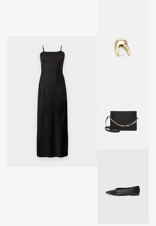 Črna satenasta obleka s tankimi naramnicami, ki ima obliko prilegajočega bodiceja, A-linijo in dolžino do tal. Gladka tekstura.; Črne usnjene balerinke, koničast toe, minimalističen dizajn, gladka tekstura, nizka peta, brez vidnih kovinskih delov ali okraskov.; Črna usnjena torba čez ramo z gladko teksturo, pravokotno obliko in kovinskim verižnim detajlom spredaj. Vključena je nastavljiva naramnica.; Uhane nakit iz zlatastega tona z gladko, ukrivljeno zasnovo. Ima edinstveno koničasto obliko, polirano površino in zaponko s tečajem.