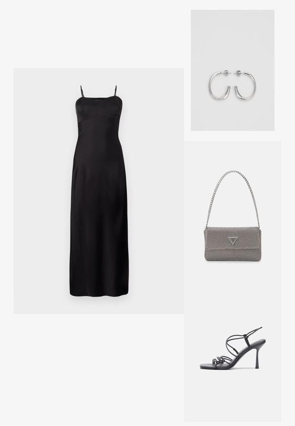 Rochie din satin negru, cu bretele subțiri, având un corset ajustat, siluetă în formă de A și un model până la podea. Textură netedă.; Sandale negre cu toc înalt au curele subțiri cu un design legat, un vârf pătrat neted și un toc stiletto elegant.; Geantă metalică gri deschis, cu un strap din lanț, decorată cu mici ținte circulare metalice și un logo de marcă triangular.; Cercei creole din argint cu suprafață netedă și lucioasă, având o formă curbată și închidere cu tija. Design minimalist cu un finisaj modern.