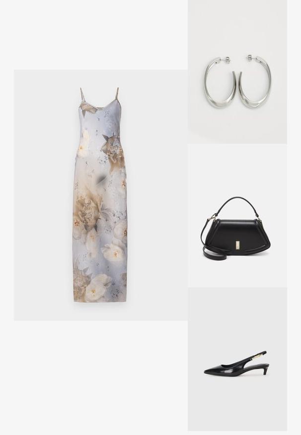 Blumengemustertes Midikleid mit dünnen Trägern, das einen Farbverlauf in hellblau und beige aufweist, mit großen weißen und goldenen Blütenmustern.; Schwarze Leder-Slingback-Pumps mit spitzem Schuhblatt, ausgestattet mit einem schlanken Absatz und einem goldfarbigen Akzent am verstellbaren Riemen. Glatte Textur.; Schwarze Lederhandtasche mit einem strukturierten Design, das eine verkürzte Form, einen oberen Griff und goldfarbene Hardware-Details aufweist. Verstellbarer Schulterriemen ist enthalten.; Silberne Creolen mit einem glatten, geschwungenen Design. Mit einem glänzenden metallischen Finish und Steckverschluss. Keine sichtbaren Muster oder Akzente.