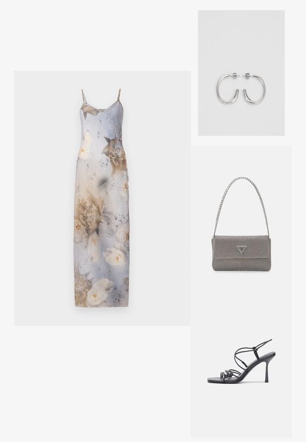 Rochie midi cu imprimeu floral și bretele subțiri, având un fundal degradat în nuanțe de albastru deschis și bej, cu mari modele de flori albe și aurii.; Sandale negre cu toc înalt au curele subțiri cu un design legat, un vârf pătrat neted și un toc stiletto elegant.; Geantă metalică gri deschis, cu un strap din lanț, decorată cu mici ținte circulare metalice și un logo de marcă triangular.; Cercei rotunzi din argint cu un finisaj neted și strălucitor. Design ușor, având o formă rotundă și închidere cu tijă.
