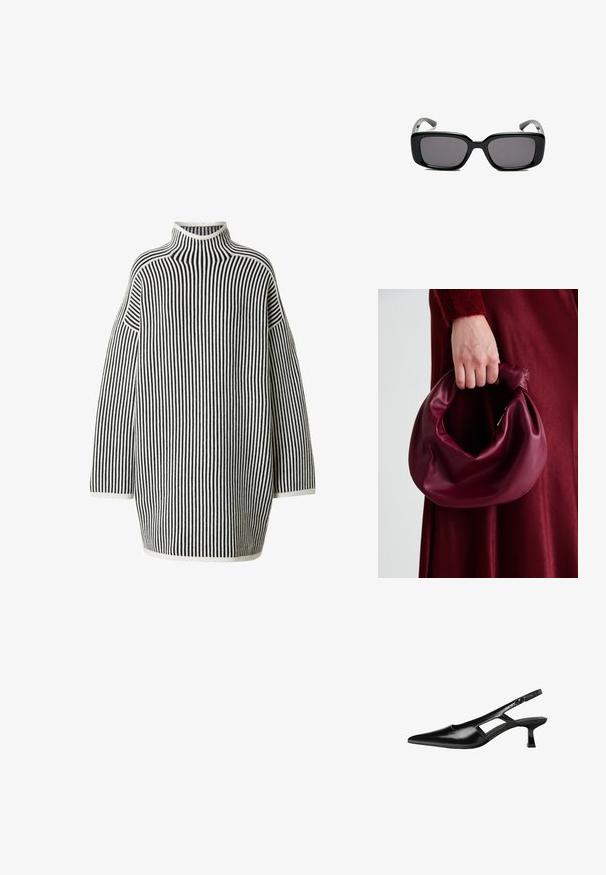 Gestreepte coltrui in zwart en wit. Heeft een losse pasvorm, ribbeltextuur en brede mouwen. Accenten zijn onder andere een hoge halslijn.; Zwarte gepatineerde leren slingback hakken met een puntige neus, uitsparing aan de zijkant en een kleine vierkante hak. Gladde textuur met minimale accenten.; Zwarte rechthoekige zonnebril met donkere lenzen, een gladde kunststof montuur en gebogen pootjes. Het ontwerp is robuust met een minimalistische esthetiek.; Bordeaux leren handtas met een zacht, gegathered ontwerp en een ronde vorm. De handgreep is stevig bevestigd en toont een gladde textuur.