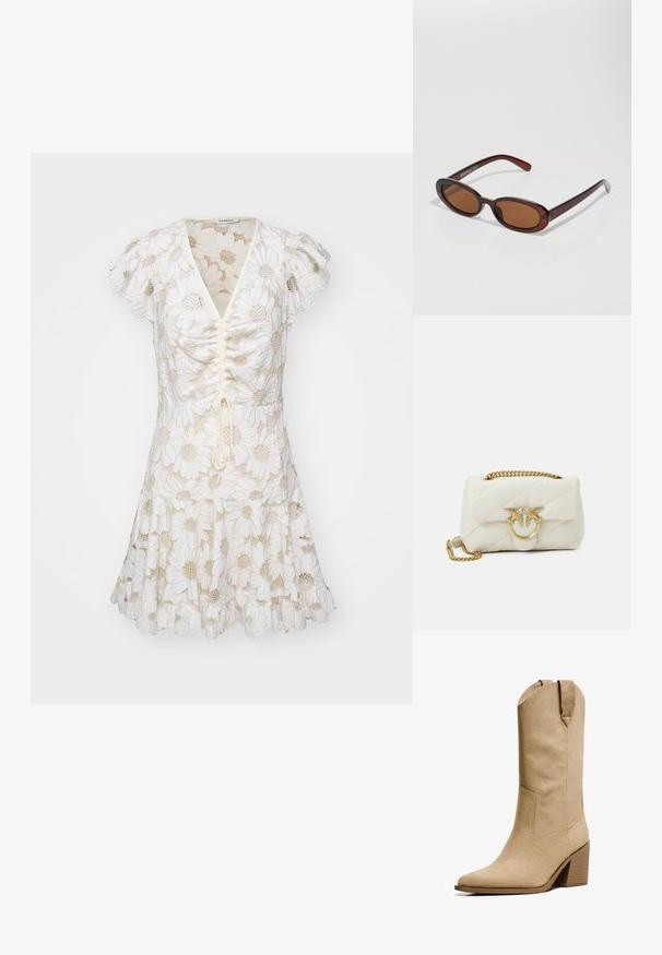 Weißes Kleid mit Puffärmeln, das mit gestickten Gänseblümchen-Mustern und einem Bindeband an der Vorderseite versehen ist. Ausgestellter Rock mit gerafftem Saum.; Bershka HIGH-HEEL - Cowboy-/Bikerboot - beige; Runde, braun getönte Sonnenbrillen mit einem glänzenden burgunderfarbenen Rahmen. Schlanke Bügel mit dezentem Branding. Flaches Linsendesign.; Gepatchte weiße Leder-Handtasche mit goldener Kettenriemen und Verschluss, die Vogelakzente aufweist. Rechteckige Form mit glatter Oberfläche.