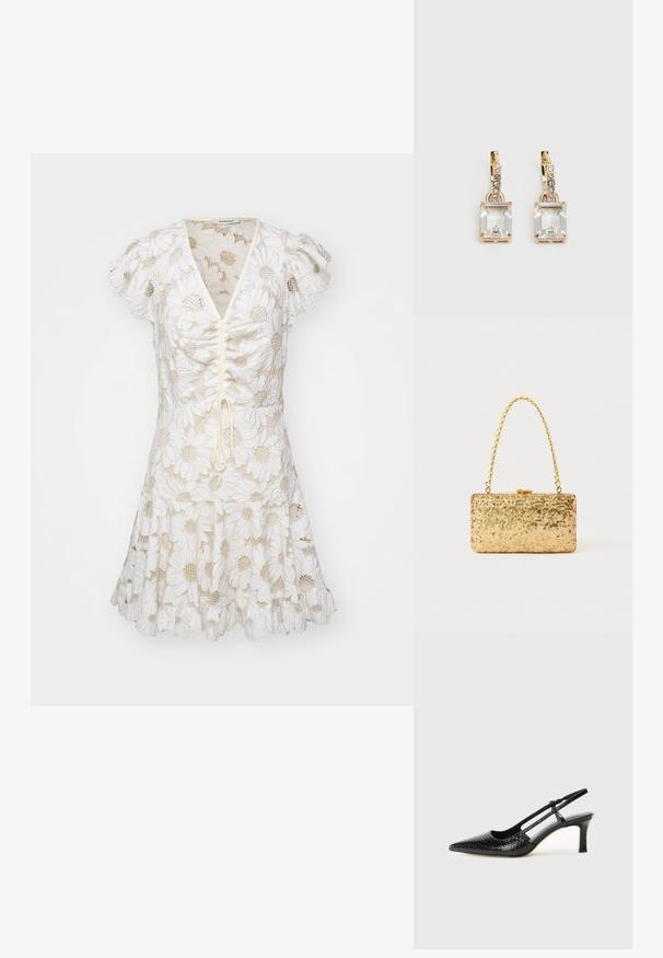Balta suknelė su pūstomis rankovėmis, papuošta siuvinėtų ramunių raštais ir su raišteliu priekiu. Plati sijonas su volaniniu kraštu.; Juodai lakuoti slingback aukštakulniai su smailiu nosiu, su tekstūruotu gyvatės raštu, reguliuojama juosta ir trumpu, tekstūruotu blokiniu kulnu.; Auksinė blizgučių rankinė, stačiakampio formos, su susuktos grandinėlės rankena ir metaliniu užsegimu, atspindinti šviesą su tekstūruotu paviršiumi.; Auksinės spalvos auskarai, kuriuose yra stačiakampis, skaidrus kristalas, kabantis po eile mažų, apvalių skaidrių akcentų. Šiuolaikiškas, modernus dizainas.
