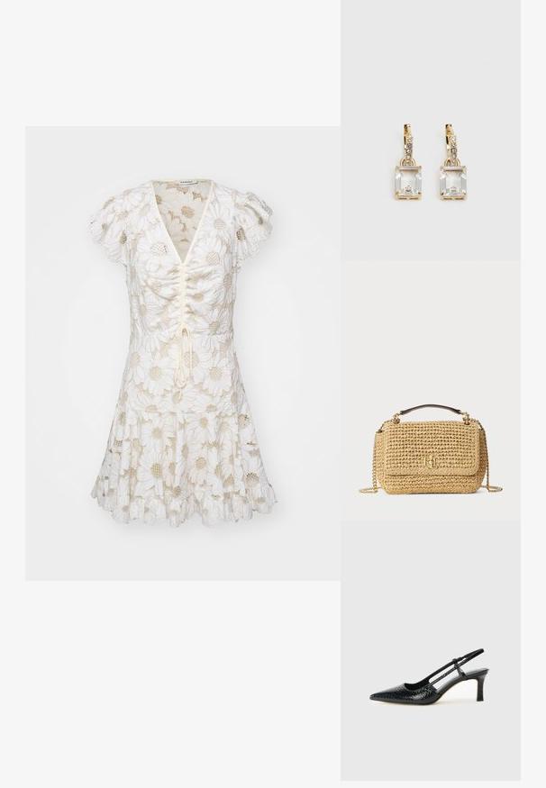 Balta suknelė su pūstomis rankovėmis, papuošta siuvinėtų ramunių raštais ir su raišteliu priekiu. Plati sijonas su volaniniu kraštu.; Juodai lakuoti slingback aukštakulniai su smailiu nosiu, su tekstūruotu gyvatės raštu, reguliuojama juosta ir trumpu, tekstūruotu blokiniu kulnu.; Austo pintas šiaudinis rankinukas natūralios smėlinės spalvos. Papuoštas aukso tono logotipu, grandinės dirželiu ir ruda viršutine rankena. Stačiakampio formos su užsegama atlapo uždanga.; Auksinės spalvos auskarai, kuriuose yra stačiakampis, skaidrus kristalas, kabantis po eile mažų, apvalių skaidrių akcentų. Šiuolaikiškas, modernus dizainas.