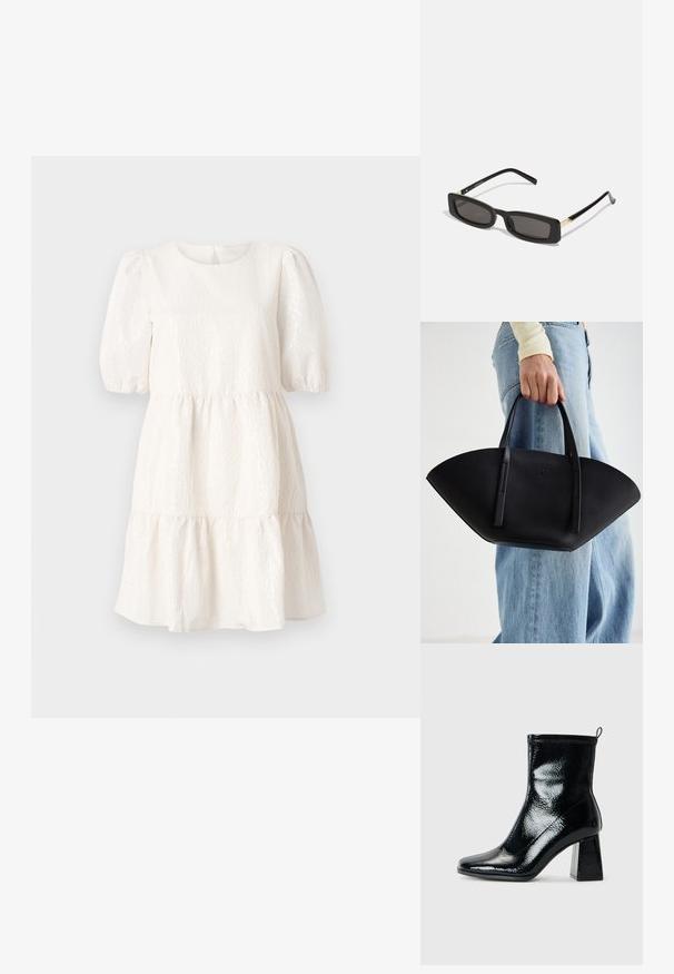 Bela teksturirana obleka z okroglim izrezom, kratkimi naborki in večplastnim, volanastim robom. Značilnost je podrobnost zapiranja na hrbtu.; Črne lakaste gležnjarice s kvadratnim nosom in masivnim geometrijskim petam. Imajo gladko, sijočo teksturo in zadaj potegovalno zanko za enostavno obuvanje.; Črne pravokotne sončne očala s temnimi lečami, sijajnim plastičnim okvirjem in zlatimi poudarki na ušesnih delu. Minimalistična zasnova in eleganten oblik.; Črna usnjena torbica z edinstveno obliko ventilatorja, z ravnimi ročaji. Površina ima teksturo z drobnimi kamni in minimalističen dizajn.