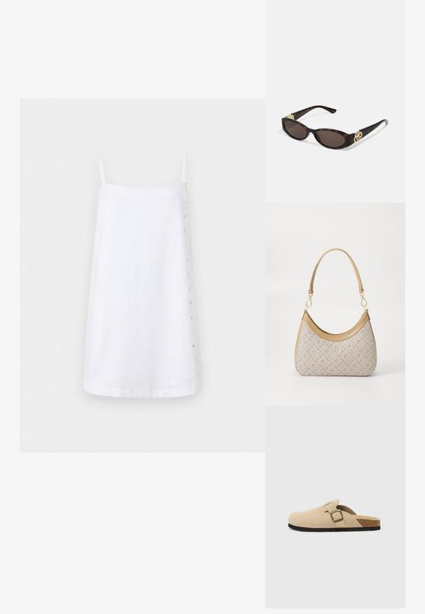 Witte linnen jurk met dunne straps, rechte snit en een zijknopsluiting. Gladde textuur met een minimalistisch ontwerp.; Beige suède instapklompen met een kurken voetbed, een ronde teen en een eenvoudige band met een goudkleurige gesp. Rubberen zool voor grip.; Schildpadbril met langwerpige ovale lenzen, bruine tint, gouden logo-accenten op de pootjes en slanke zwarte armen.; Beige handtas met een patroon en een gebogen vorm, leren accenten en een goudkleurig logo aan de voorkant. Beschikt over een kort handvat voor gemakkelijk dragen.; Parel- en kristallen ketting met een ronde, gehaakte ontwerp in lichte tinten, met afwisselend parels en sprankelende accenten, gedragen om de hals.